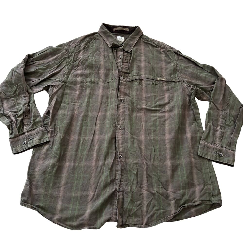 Columbia Green Brown River Lodge Outdoorsy Mens Plaid Button Down Shirt XXL